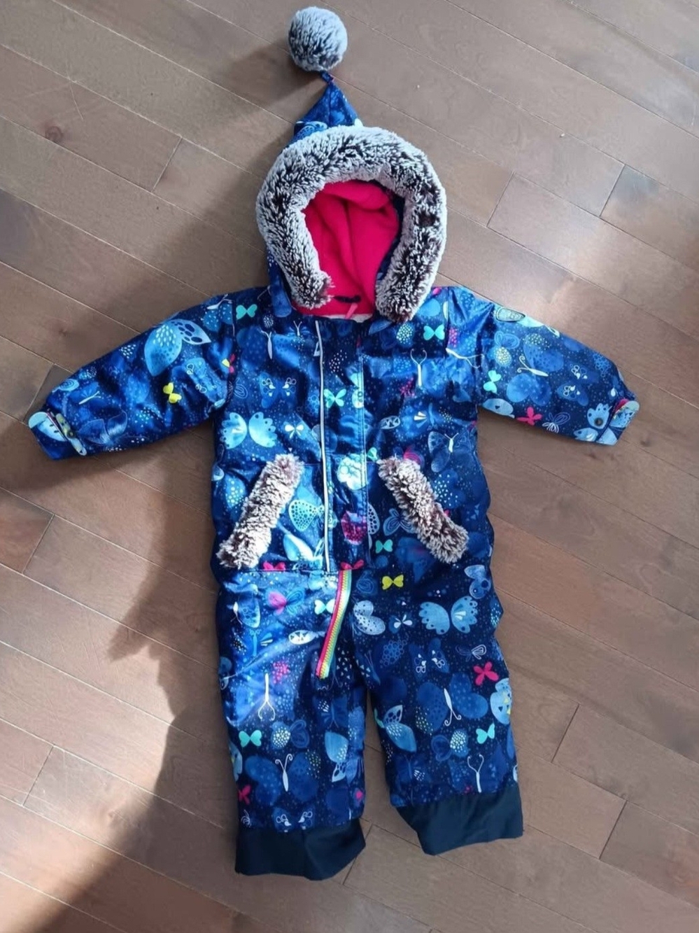 Deux Par Deux - Blue Butterfly Print Kids Snowsuit with Faux Fur Hood